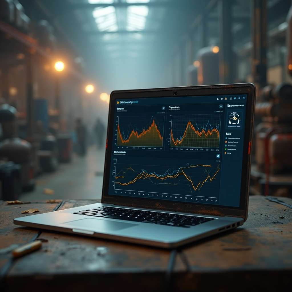 Laptop z wykresami cen gazu w hali przemysłowej – analiza rynku i rozliczeń energii